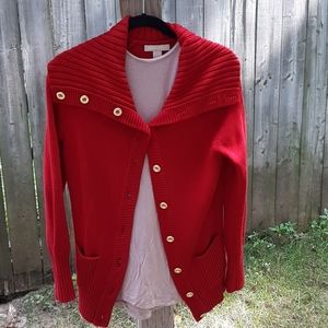 Red Cotton Sweater Cardigan Gold Buttons